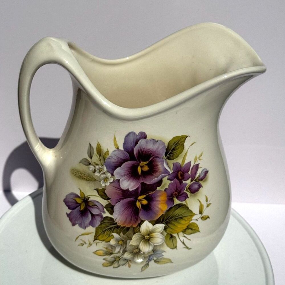 Beautiful vintage Crownford Ironstone Water Pitcher Pansies